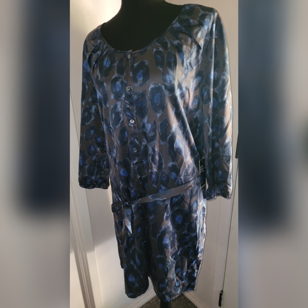 Express Blue Leopard Print Button Down Belted Dre… - image 2